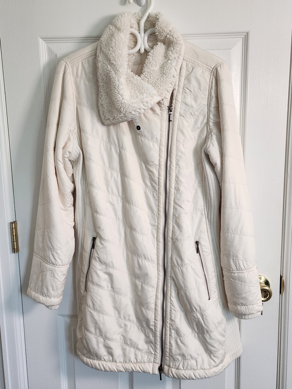 Prana Cream Faux-Sherpa Collar Quilted Coat LARGE